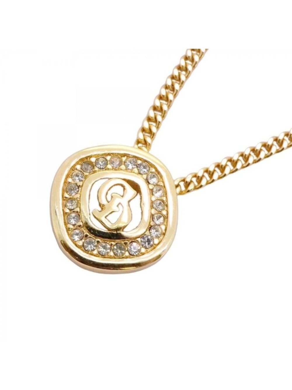 Christian Dior Necklace CD Logo GP Plated Rhinestone Gold